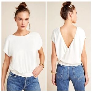 Anthropologie Evanna Blouse Ivory V-back Sz XS Spring Balletcore Clean Girl